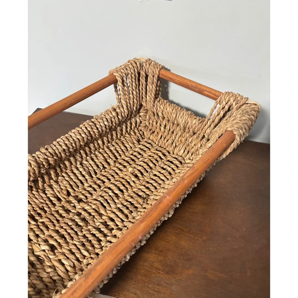 Vintage Woven Seagrass Basket Wood‎ Frame Handles Rectangular Tray Boho 22x11